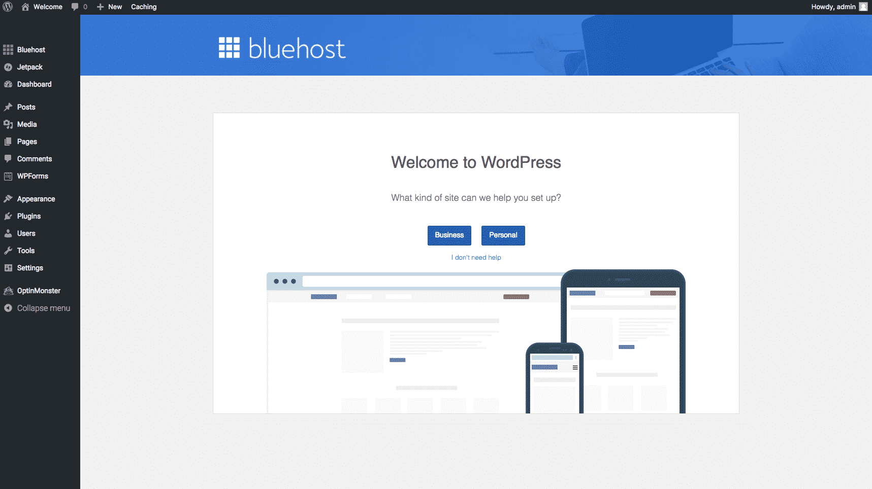 Bluehost welcome to wordpress screenshot