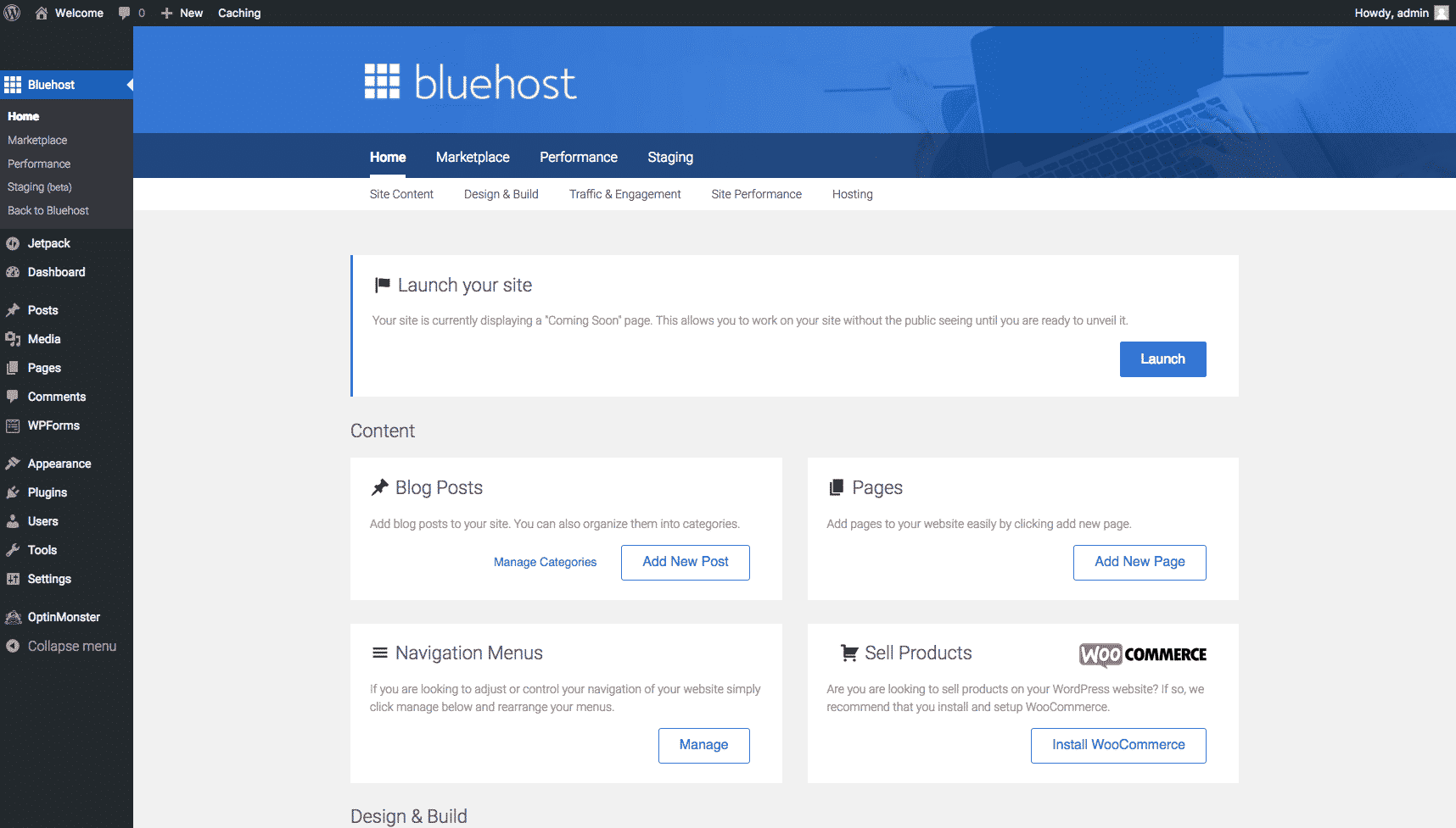 bluehost wordpress dashboard