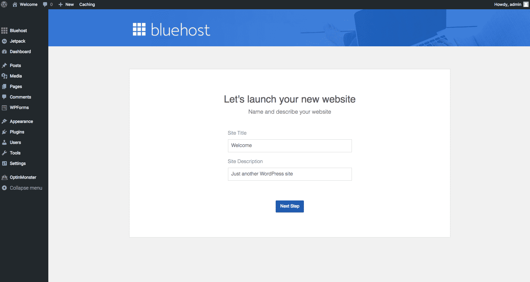 Bluehost wordpress setup screenshot
