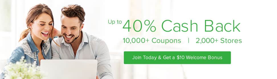 Screenshot of ebates screen stating "Up to 40% Cash Back. Over 10,000+ Coupons and 2,000+ stores
