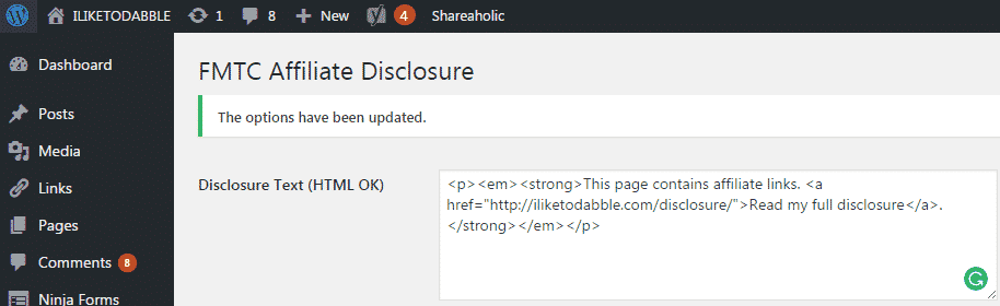 Screenshot of FMTC Affiliate Disclosure in WordPress