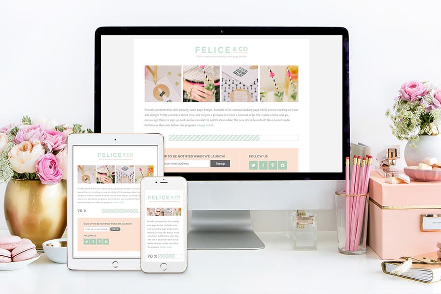 Screenshot of website of Felice Home Page on a computer, tablet and smartphone accompanied with pink pencils, pink flowers in a gold vase and a pink box