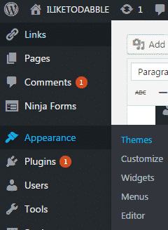 Screenshot of WordPress with the Appearance section highlighted