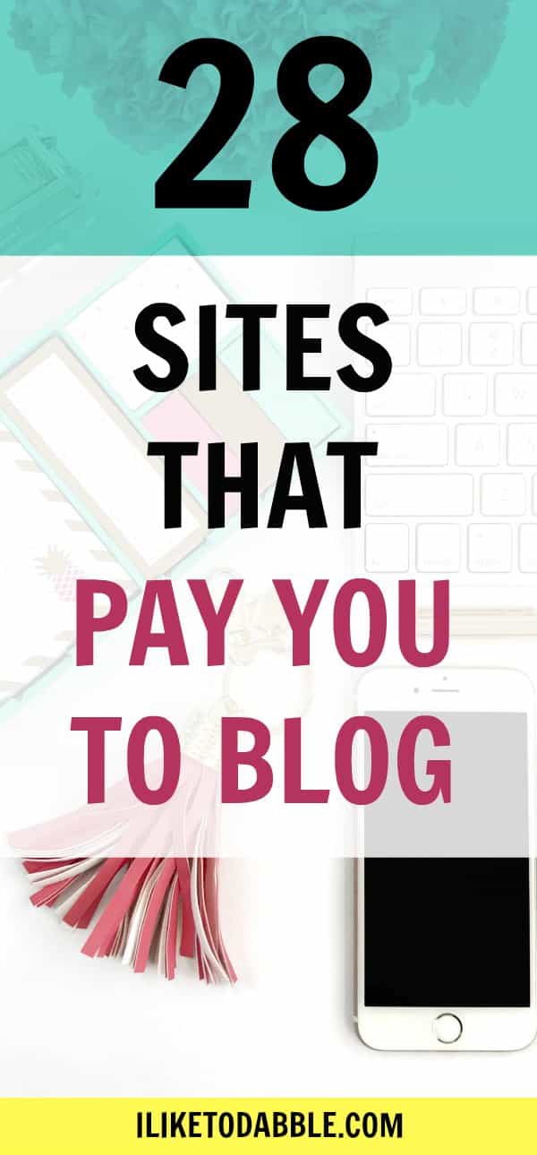 Title: 28 sites that pay you to blog" with a black journal and keyboard in background