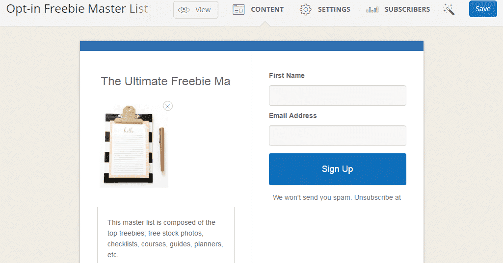 Screenshot of Log-In Screen for Opt-In Freebie Master List