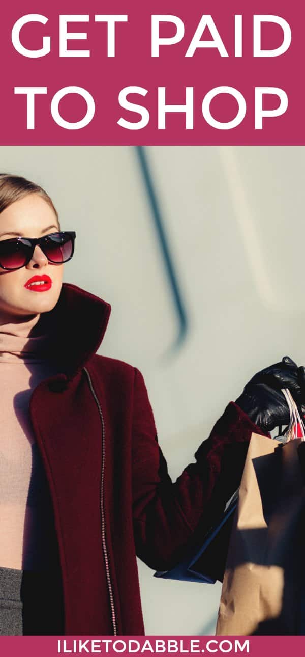 Woman holding a shopping bag in hand with title "get paid to shop"