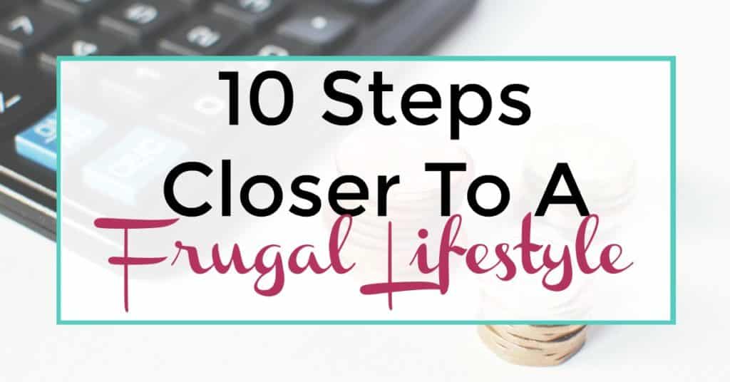 Keyboard in the background with title "10 Steps to a Frugal Lifestyle"