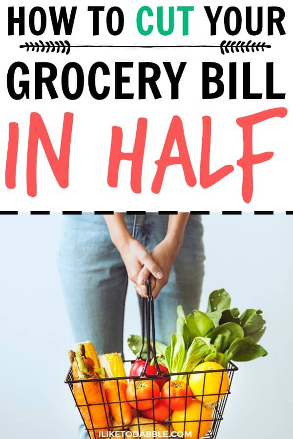 Background has a women carrying a basket with produce in it. Title is "How to cut your grocery bill in half" Save money on groceries. Cut your grocery bill in half. Frugal foodie. Frugal living. #savemoney #frugalfoodie #frugalliving #frugal