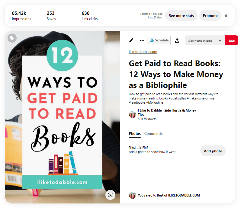 make money with Pinterest good pin example with image of woman in a fall hat reading a book