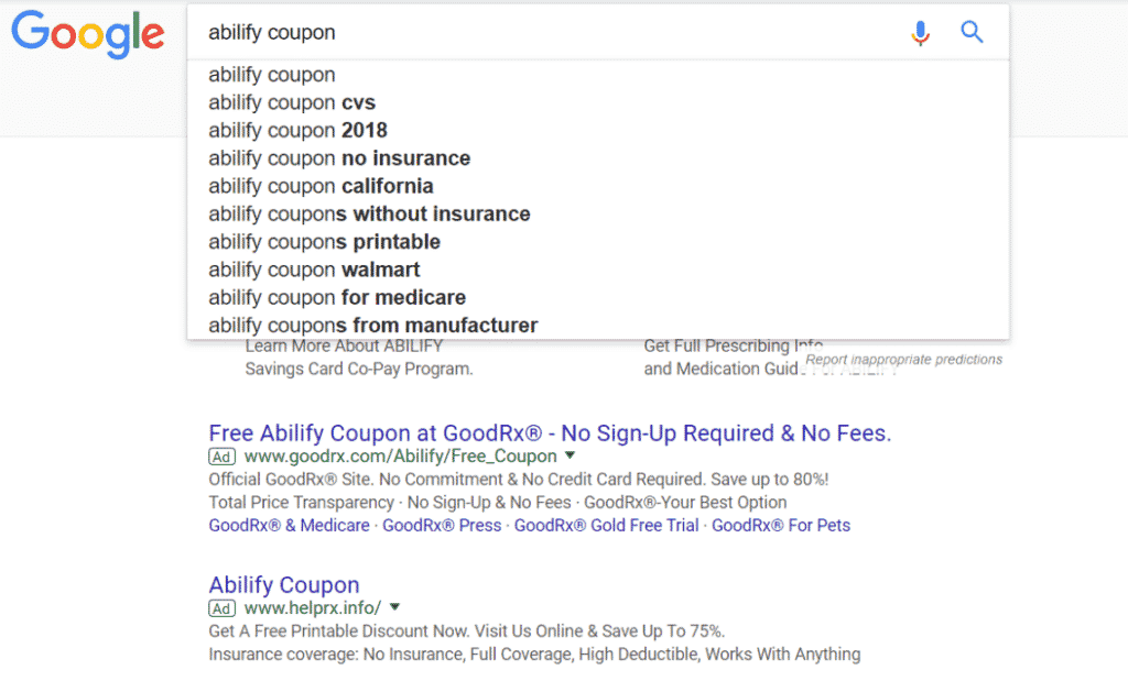 image of google search for coupons. save money on healthcare