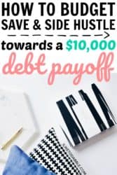 image of journals on desk. budget, save and side hustle to pay off debt. $10,000 debt payoff. Creative money tips. Tips to save money. Debt payoff. #payoffdebt #sidehustle