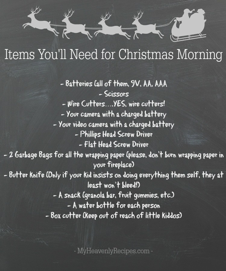 Christmas morning basket and the items you will need. Holiday hacks. Image is of list of things that will be needed the day of Christmas Morning. 