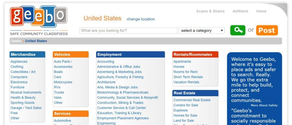 sites like craigslist. geebo website screenshot