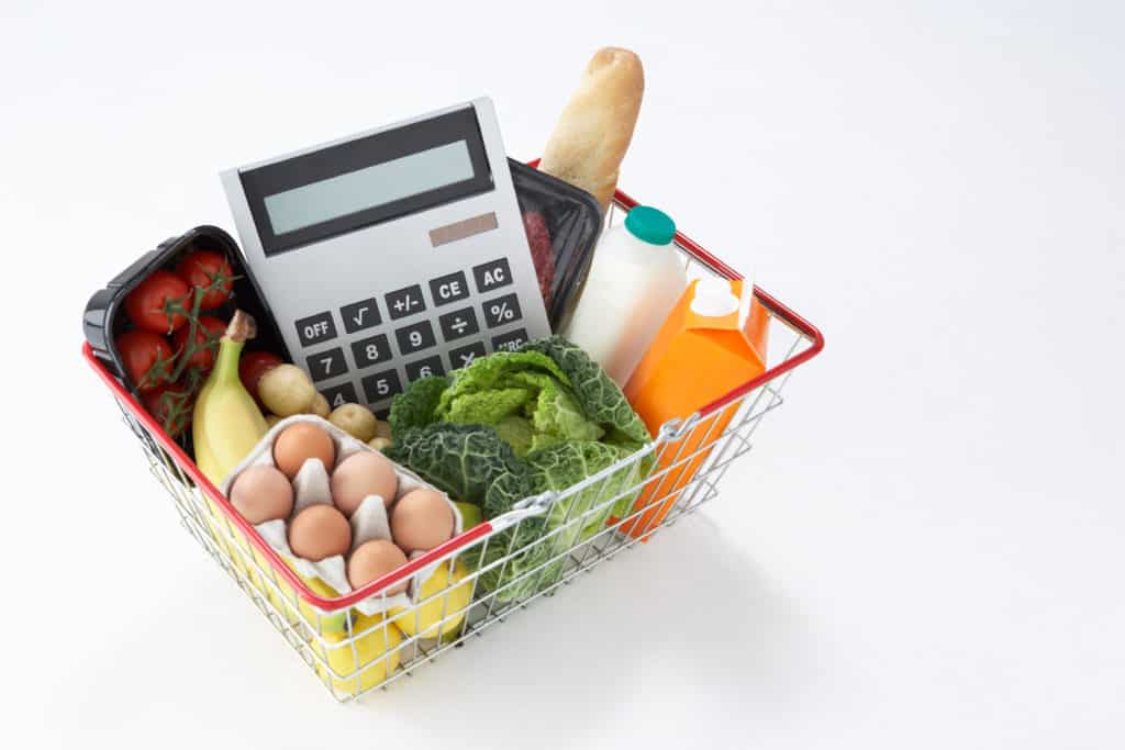 Picture of food in a basket with a calculator