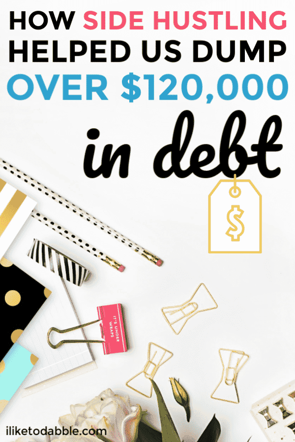 Side hustle and pay off debt. How side hustling helped us dump over $120,000 in debt. Side hustle ideas. Frugal living ideas. How to pay off debt. Image of journal and paperclips and pencils in background.#sidehustle