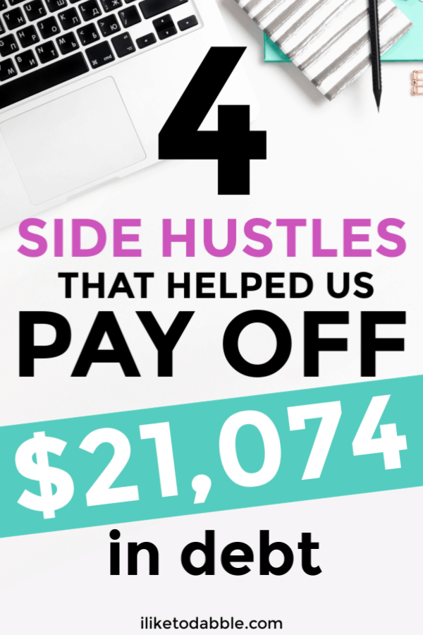 4 side hustles that helped us pay over $20,000 of debt in the last 2 years. Image of keyboard in background. #payoffdebt #sidehustleideas #payoffdebtideas