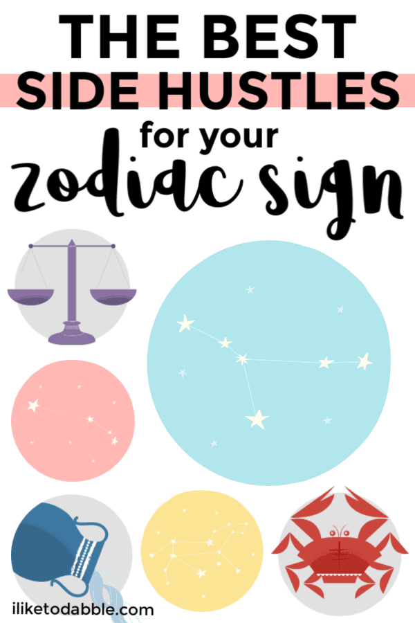 The best side hustles for you based on your zodiac sign. Find your moon and rising sign to compare tons of different side hustle ideas. #sidehustleideas Image of different zodiac symbols. #zodiacsign #moonsign #risingsign #makemoney #moneytips #sidegigs