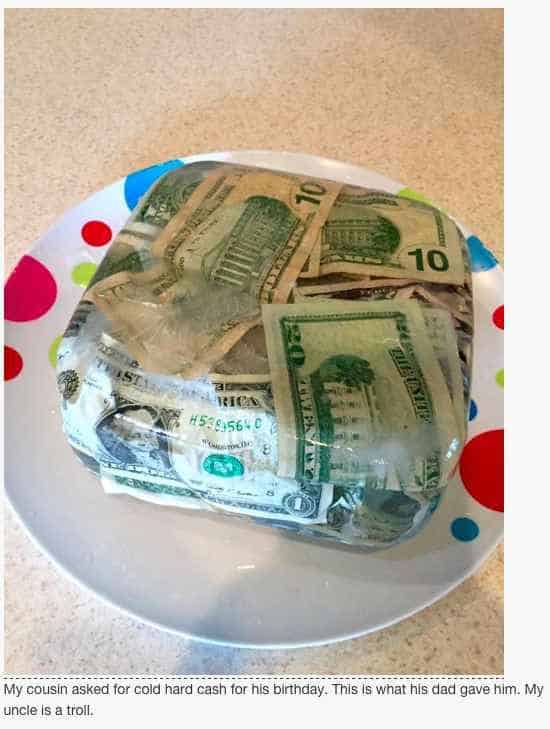 cold hard cash - frozen cash gift idea - freezing money and serving it cold