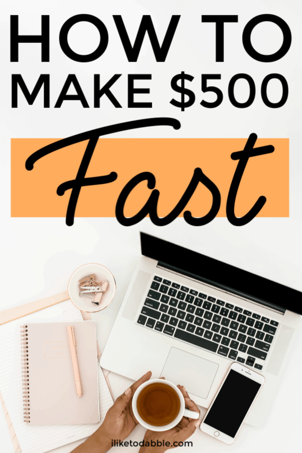 How to make $500 fast with these 12 strategies, tools, apps and more! Image of woman with laptop, journal, pen, paperclips and cup of tea. #makemoney #sidehustle #makemoneyfast #makemoneyonline #quickmoney #earnmoney #fastcash #sidehustles #makingmoney #passiveincome