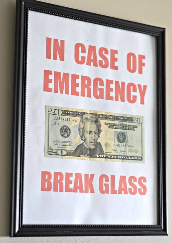 in case of emergency break glass money gift idea. Money inside picture frame. 