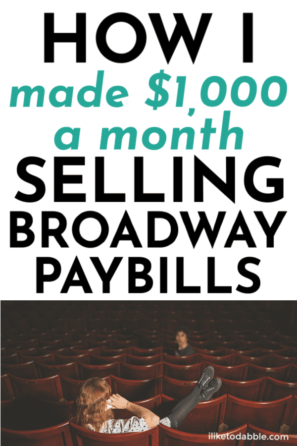 How I make $1,000 a month selling broadway playbills on eBay and Instagram. Image of woman lounging in an auditorium talking on her phone.  #sellonline #broadway #playbills #musicals #sidehustleideas #makemoney #makemoneyonline #onlineseller #reseller #sellyourstuff #onlinesellingtips #selling #ebay #instagram