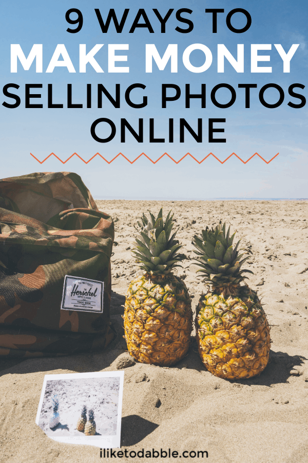 How to make money selling photos online. Image of two pineapples and a bag on the beach. #makemoneyonline #sellphotos #stockphotos #sellonline #sidehustles
