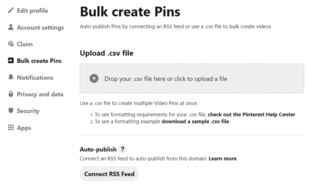 screenshot of tab "bulk create pins" in my profile home page