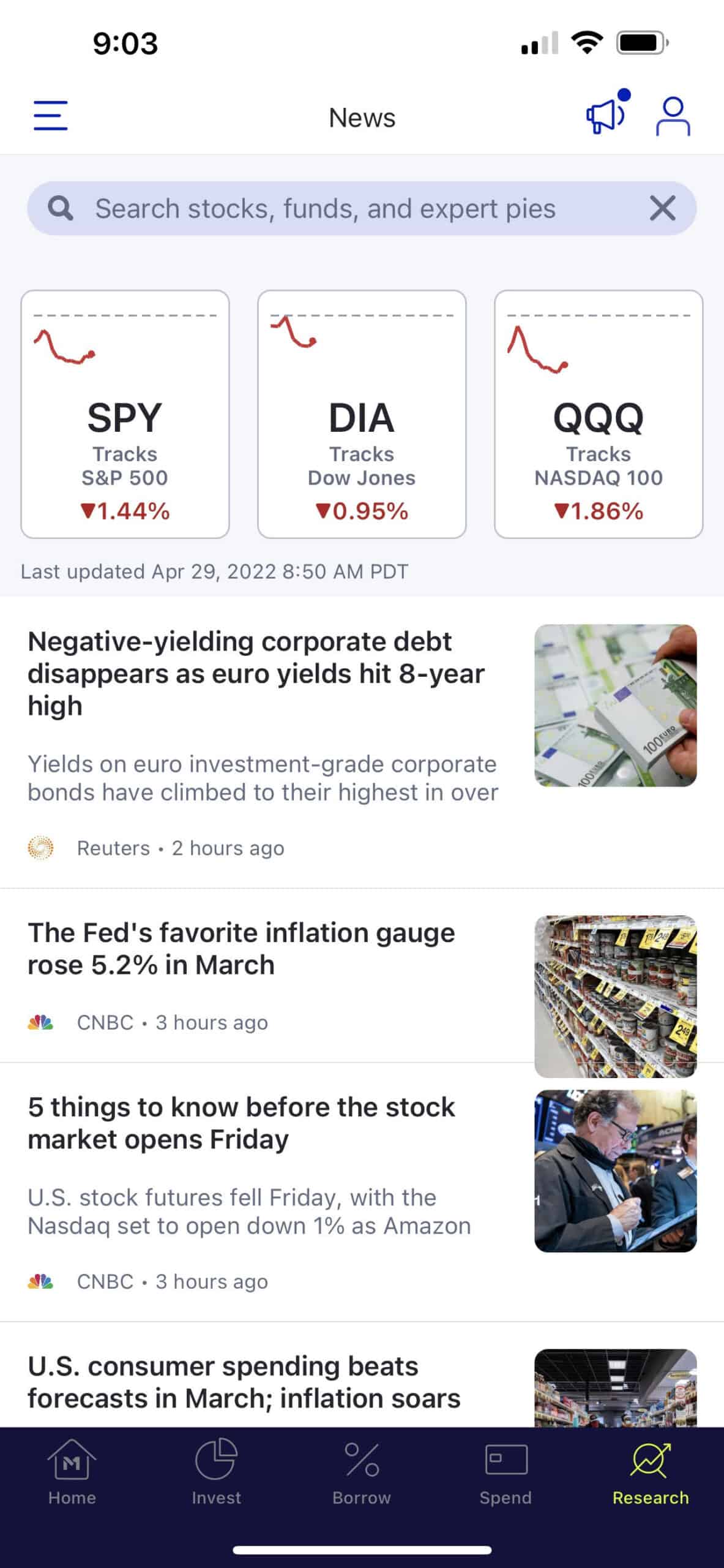 M1 finance research tab screenshot from the app