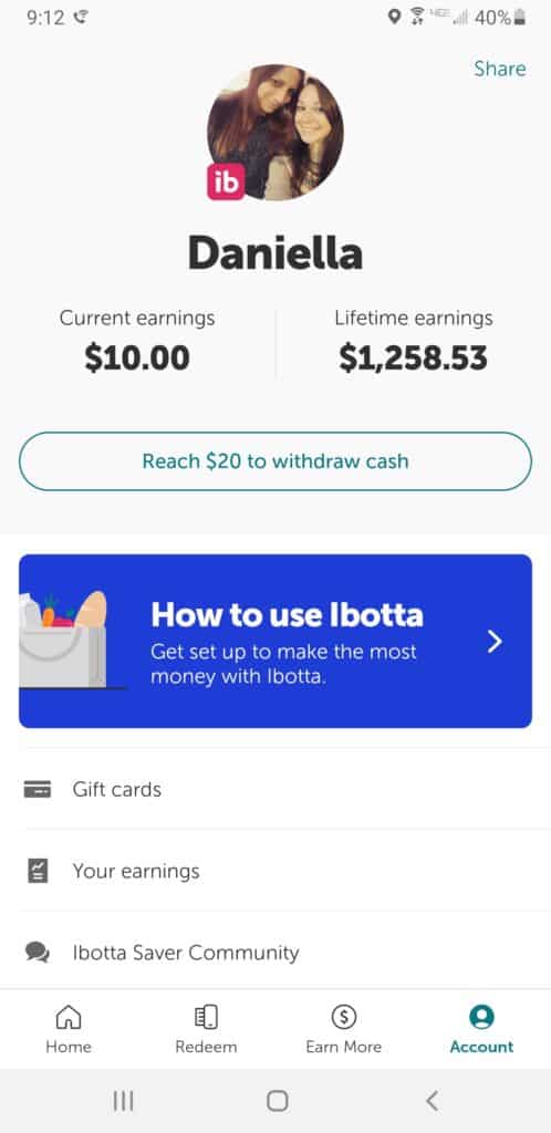 Ibotta cash back app screenshot of my earnings