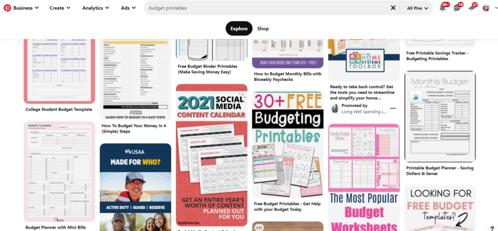 screenshot of searching for printables in pinterest