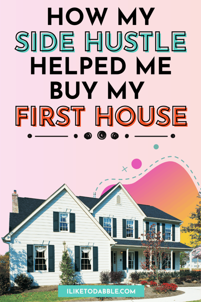 Vertical image of a house with colorful blob and text overlay