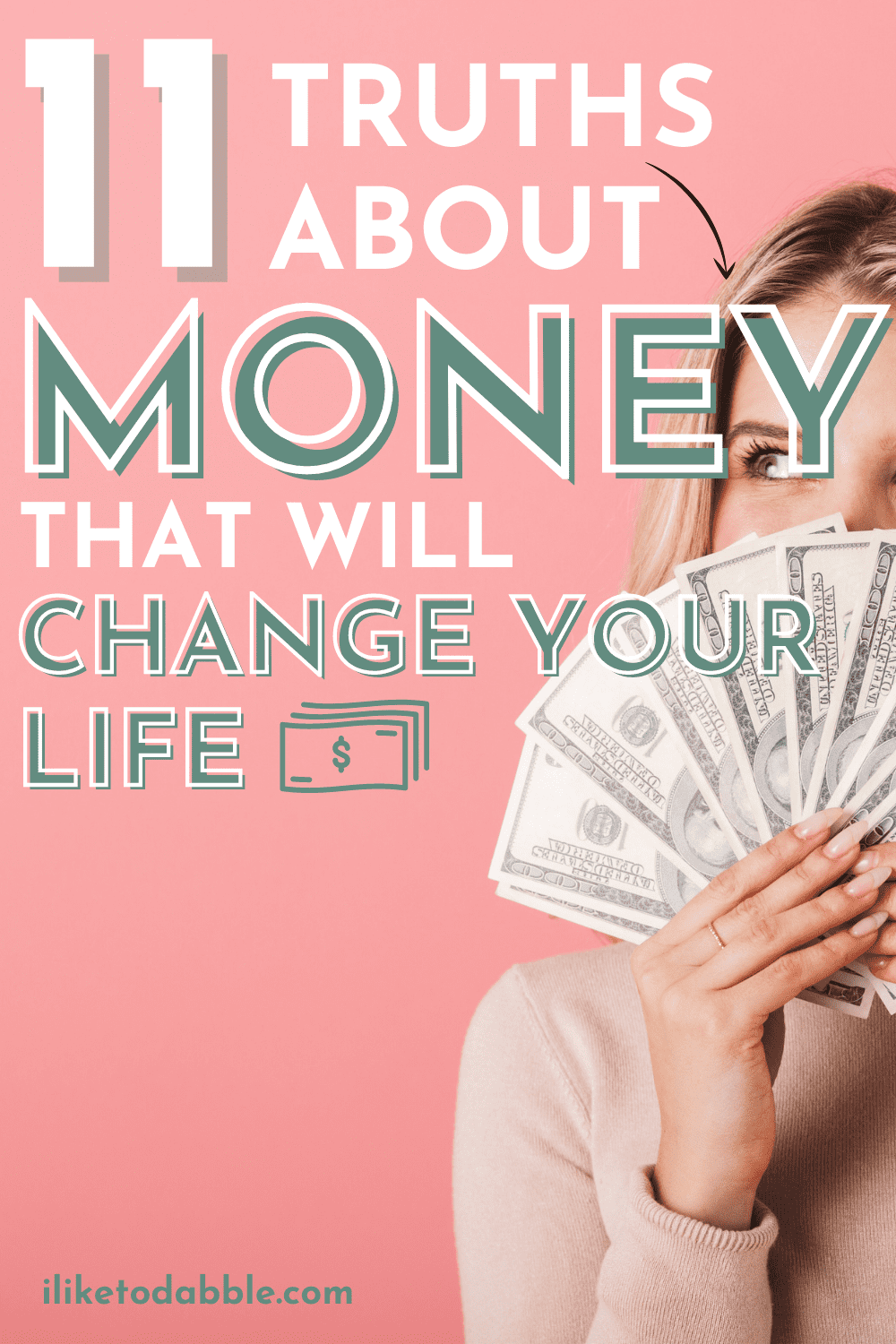 pinnable image with woman holding money with title text ovrlay