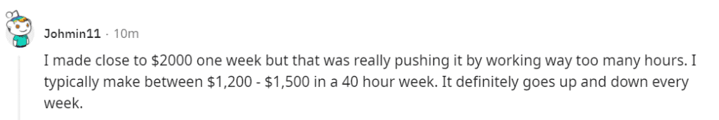 Instcart reddit thread about weekly pay capture 2 reads: I made close to $2000 one week but that was really pushing it by working way too many hours. I typically make between $1,200 - $1,500 in a 40 hour week. It definitely goes up and down every week.
