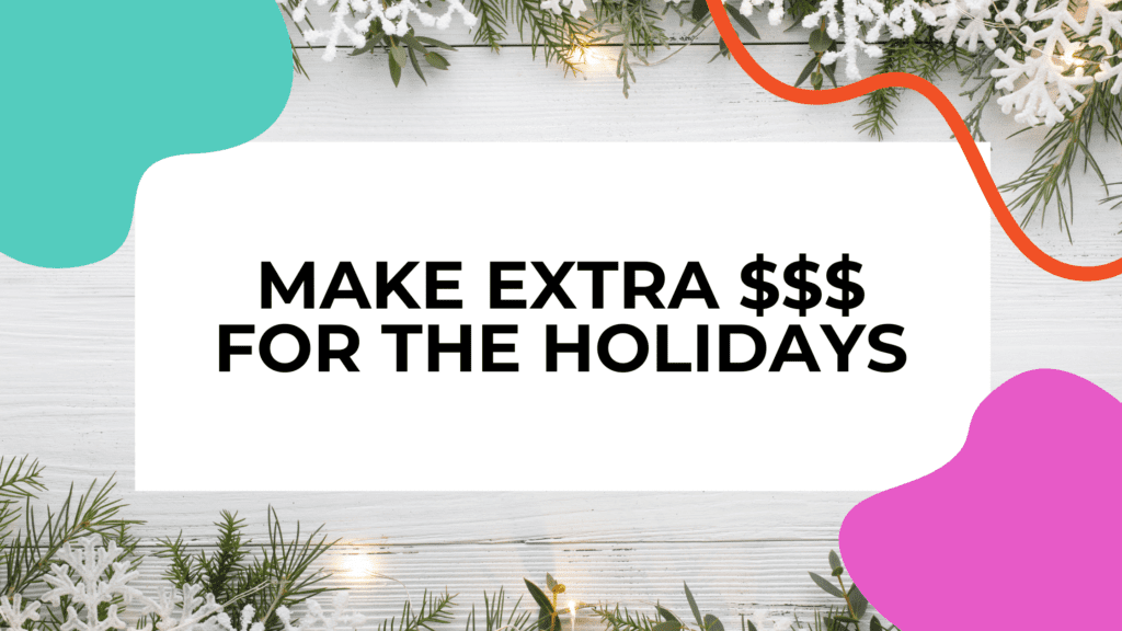 Test reads: make extra money for the holidays; text is against a holiday themed background with decorations and lights