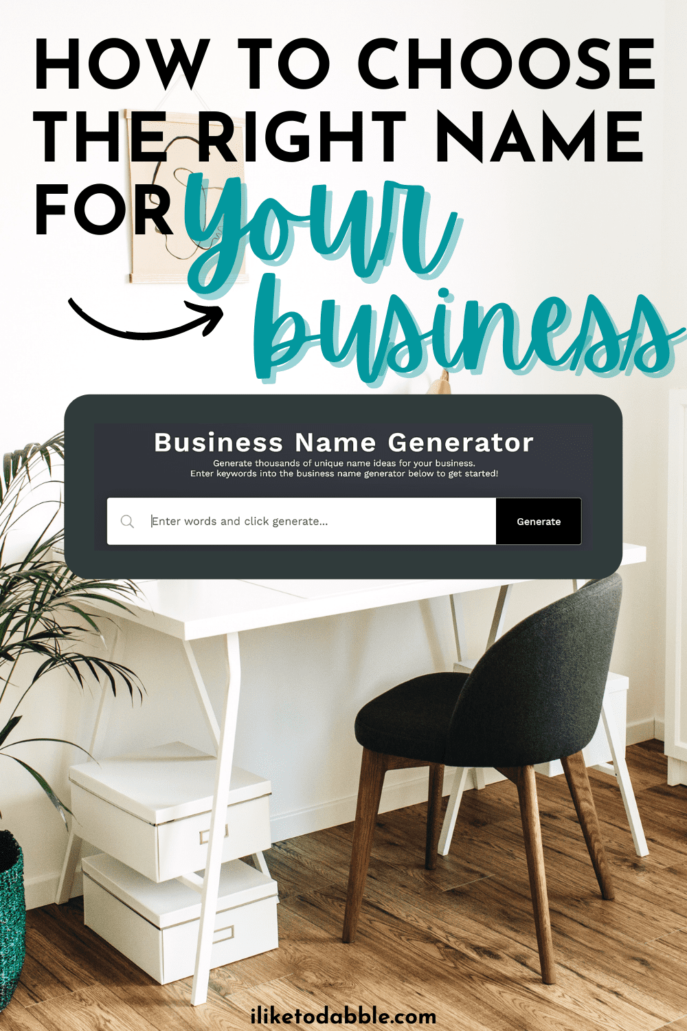home office with text overlay that reads: how to choose the right name for your business