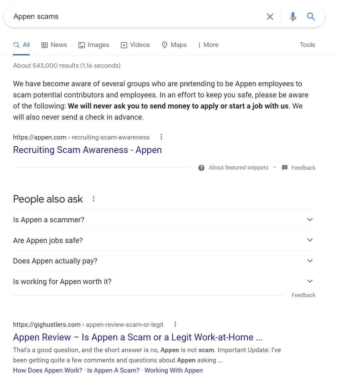 appen work from home scam results in Google