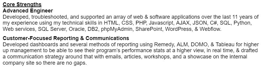 core strengths resume snippet