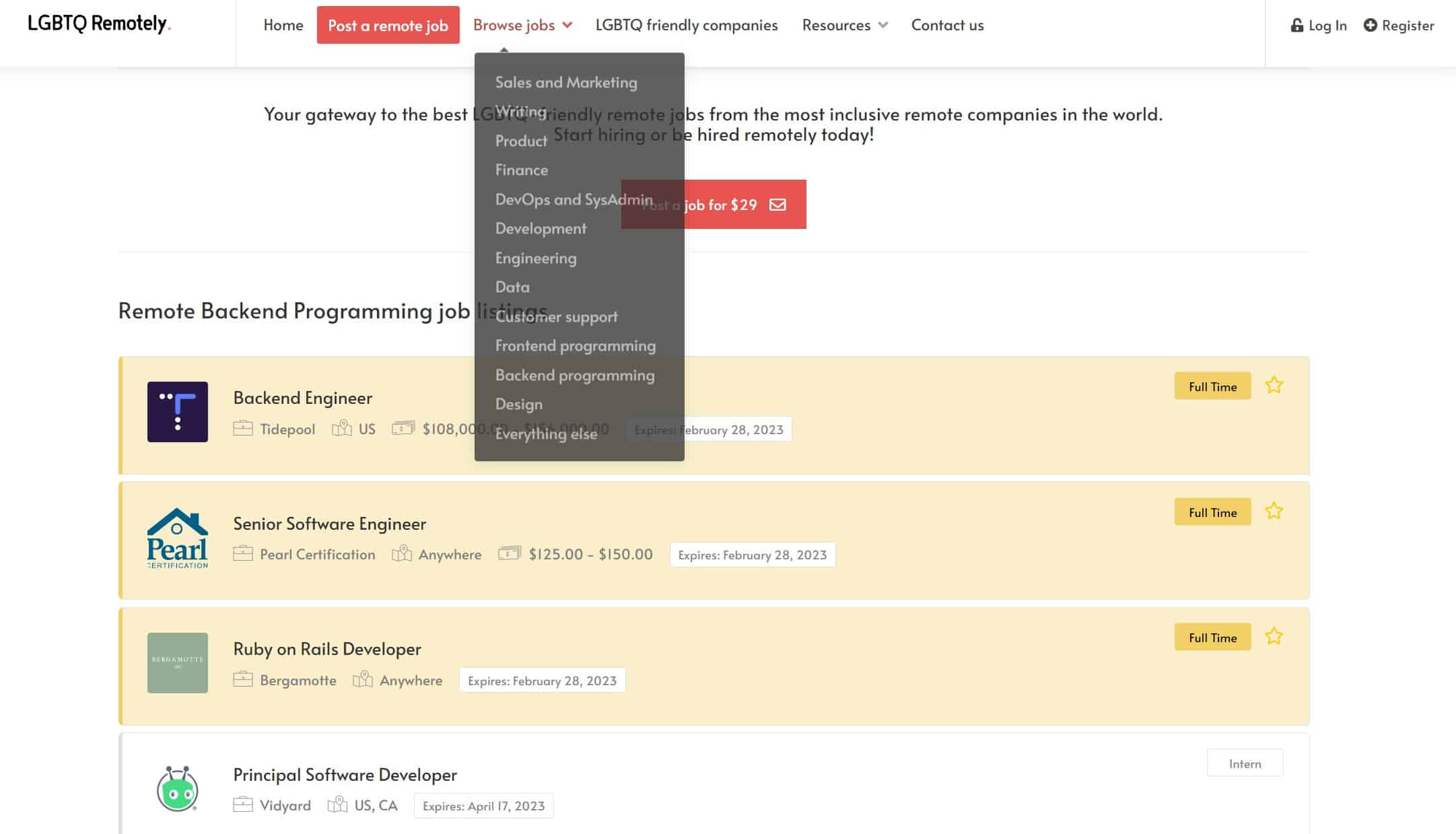 lgbtq remotely job board home page screenshot