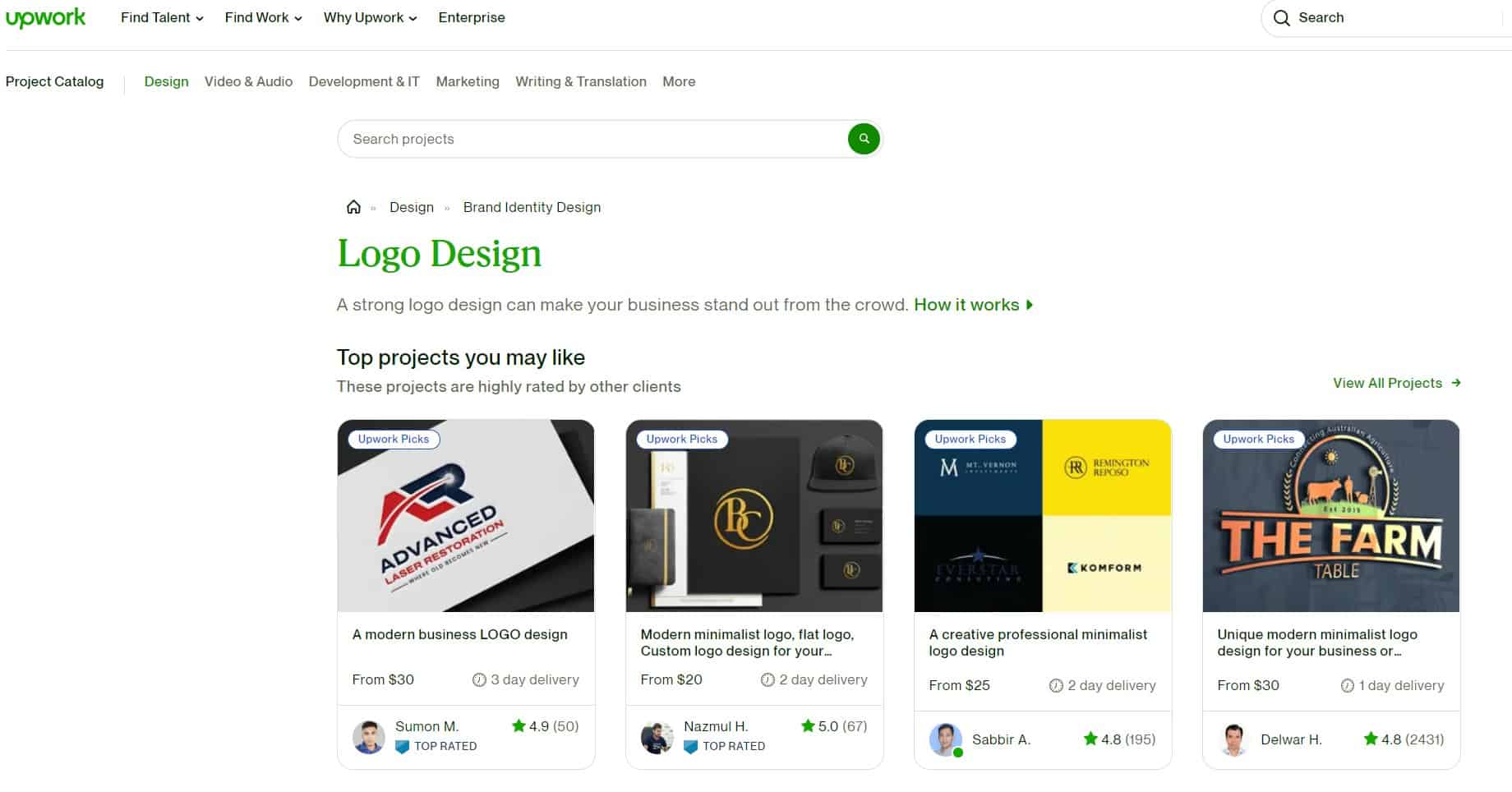 Screenshot of logo design open projects in upwork