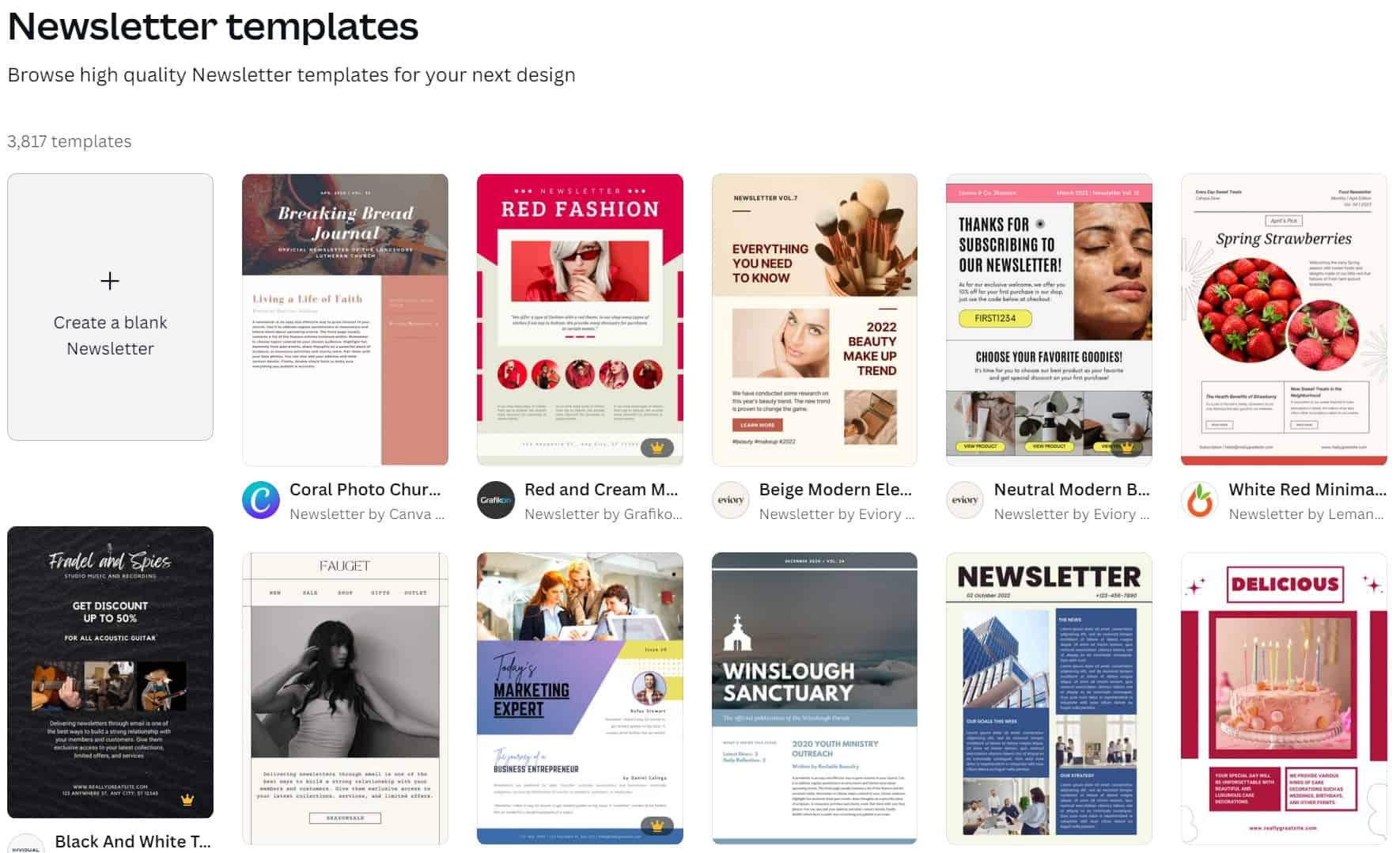 screenshot of newsletter templates in canva