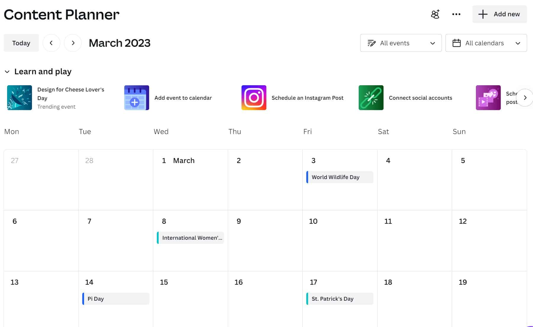 screenshot of canva's social media content planner 