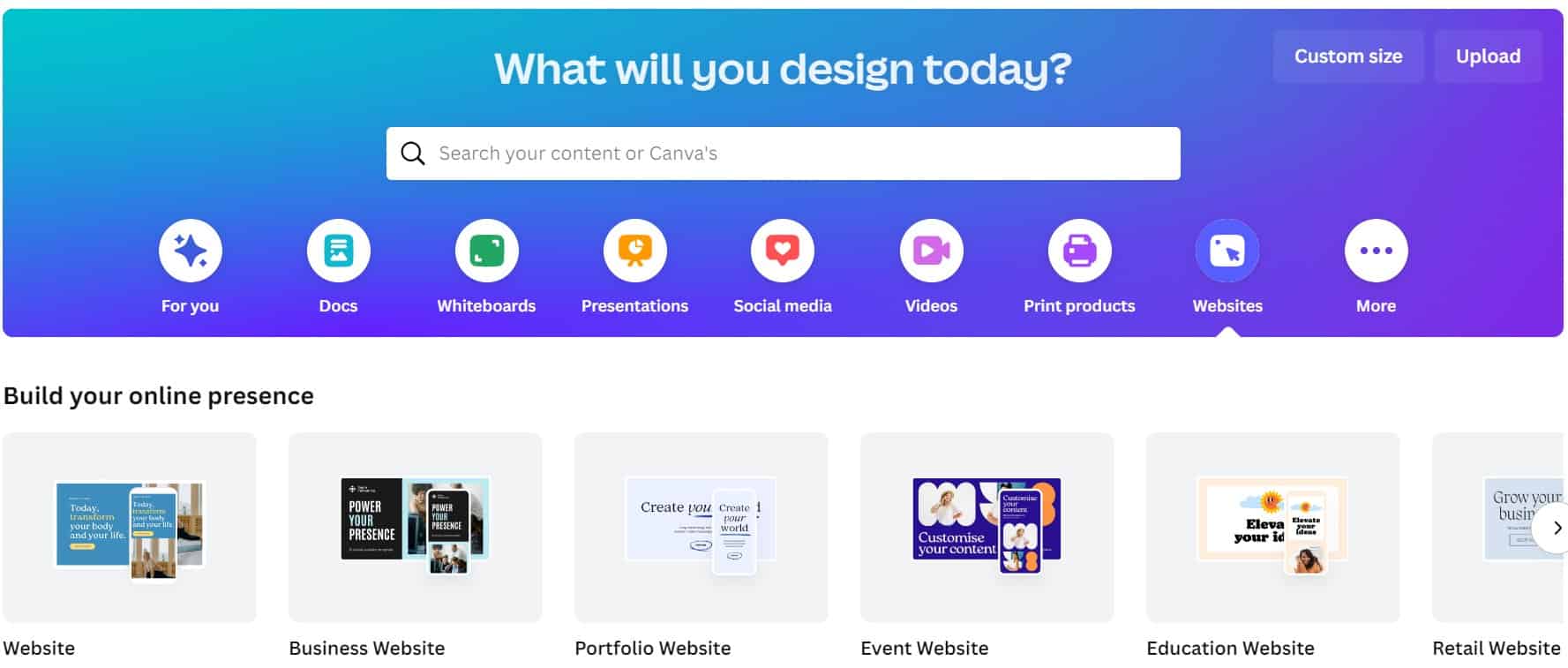 snapshot of canva website creation option on the website