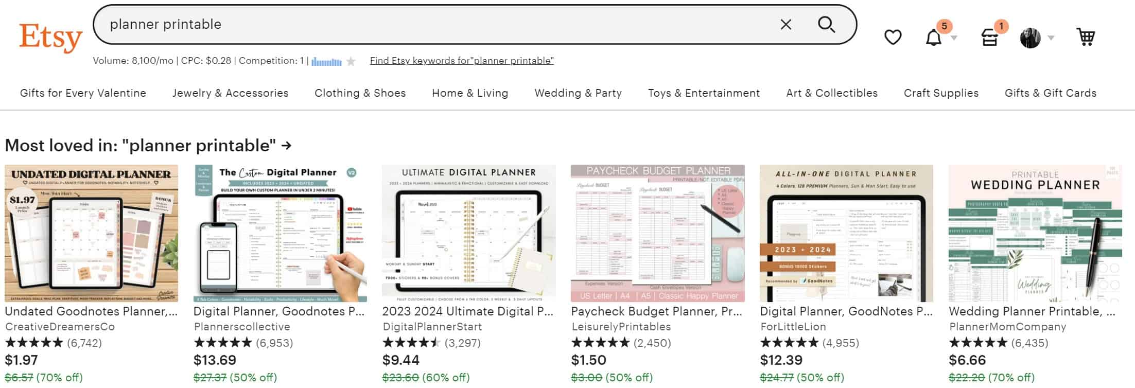 snapshot of planner printables on etsy