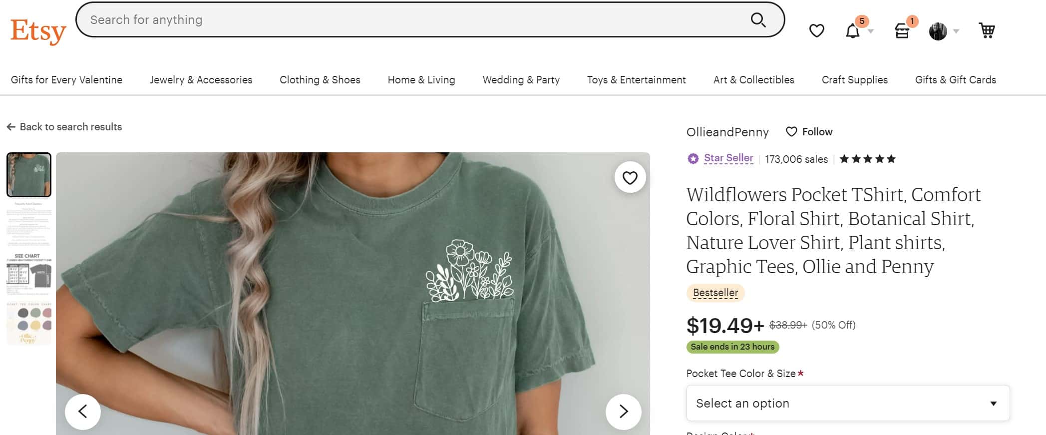 screenshot of a print on demand flower pocket shirt for sale on etsy