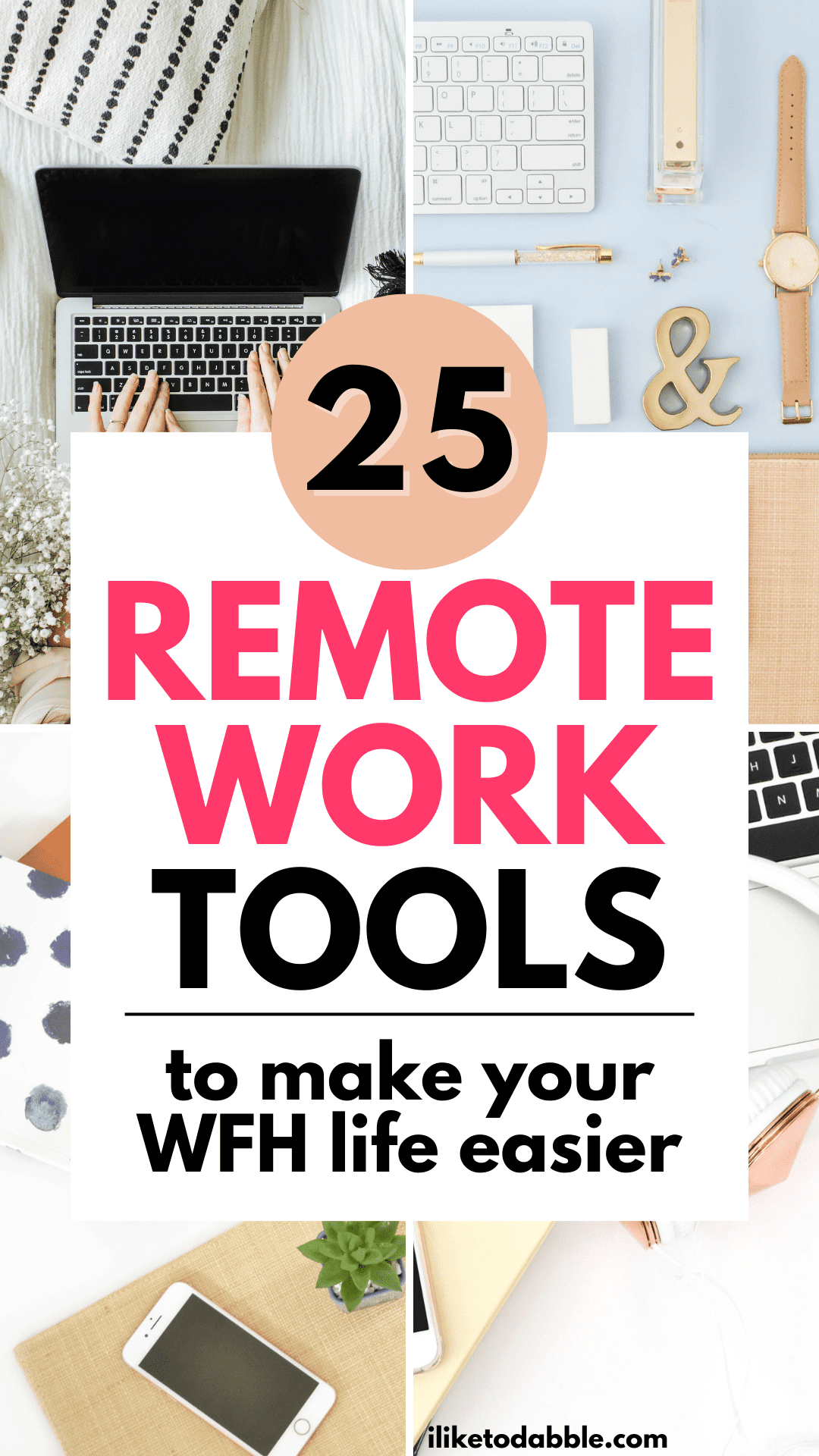 remote work tools pinnable image with home office spaces and title text overlay