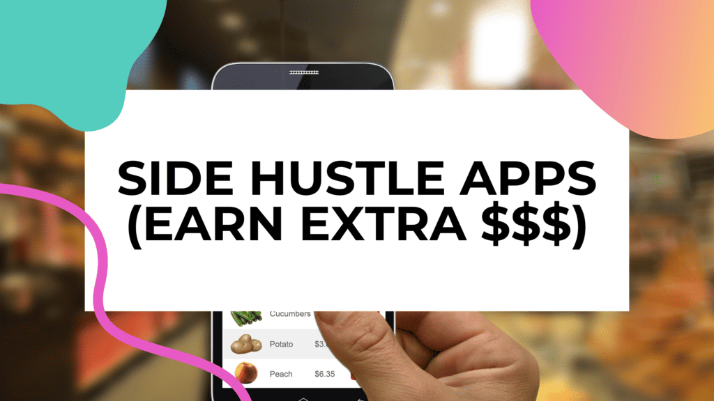 featured image with title text that says side hustle apps and a background image of someone holding a smartphone